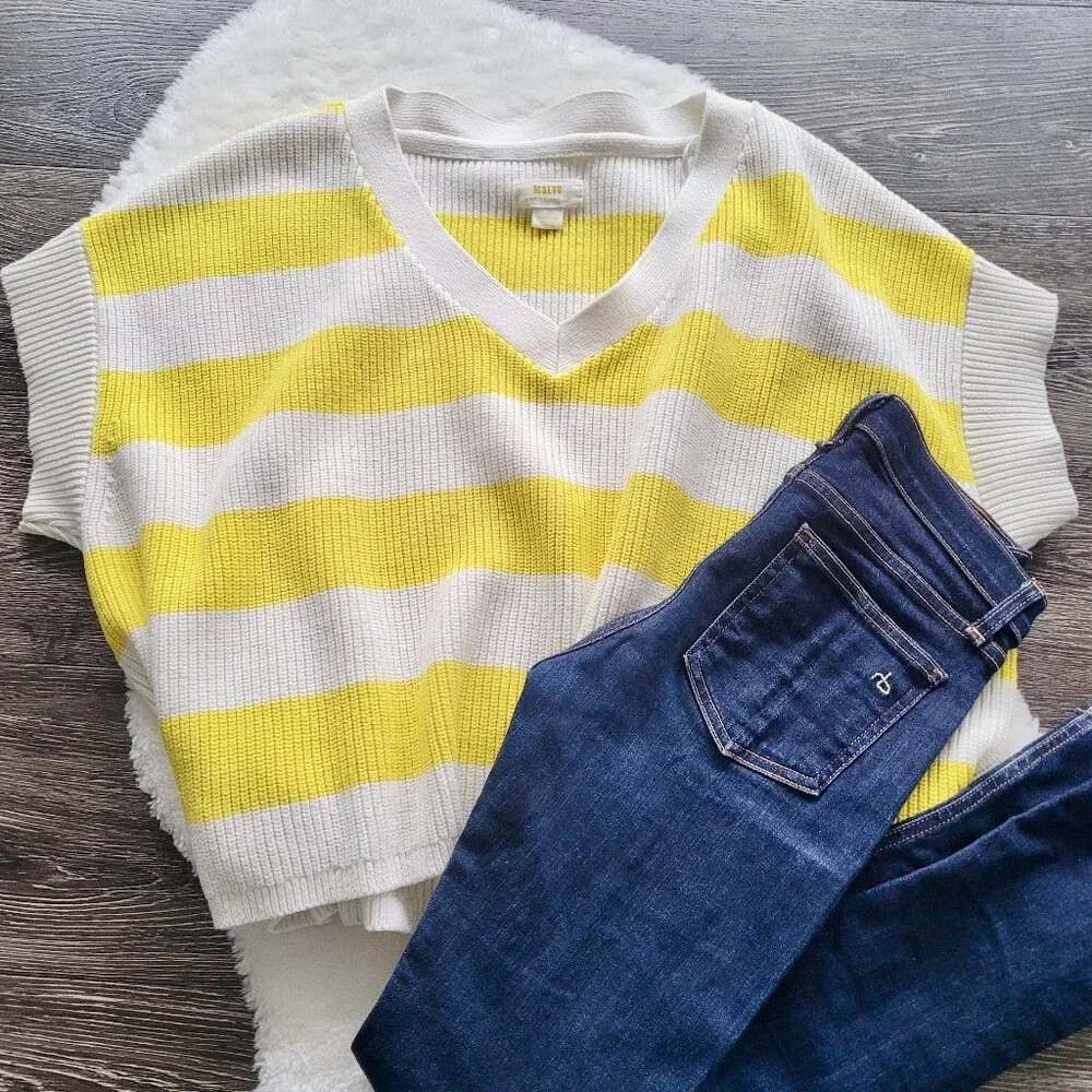 Anthropologie Maeve Oversized Striped V-Neck Sweater Vest in Chartreuse Size M - Picture 2 of 13